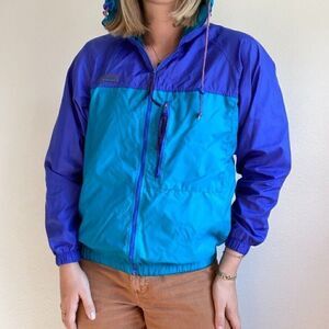 Vintage Womens 90s Columbia Blue Colorblock Windbreaker Hiking Pullover Hoodie